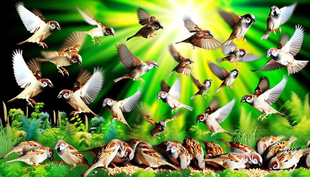 birds eating scattered seeds