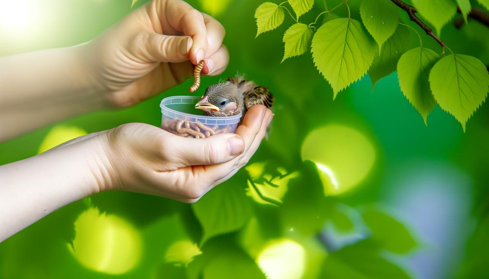feeding baby sparrow mealworms