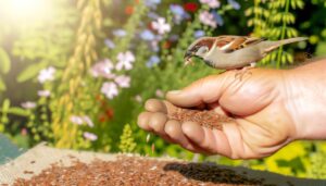 feeding flax seeds sparrows