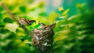 sparrow parents feeding chicks