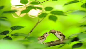 sparrows engaging in feeding